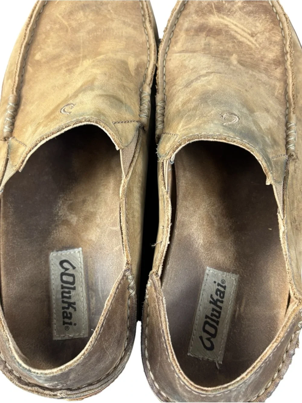 OluKai Moloa Mens 10 Leather Slip On Shoes Toffee Loafers Moccasin 10128-2733